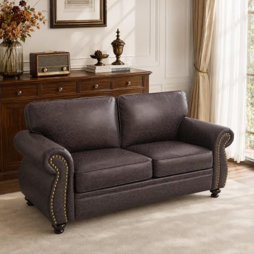 71" W Loveseat Sofa Couch, Faux Leather Fabric Sofas, Brown | Mid-Century Love Seat with Nailhead Trim, Upholstered Couch Set for Living Room Bedroom - color: Brown, size: S-2 seat