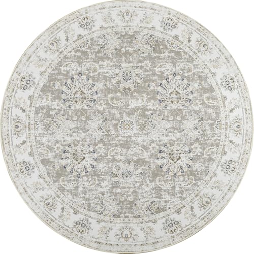 jinchan Round Rug 5ft Area Rugs Vintage Floral Distressed Design - Machine Washable Non-Slip Low-Pile Ultra-Thin Circle Rug for Entryway Bedside Living Room Dining Room Bedroom (5' Round,Taupe)