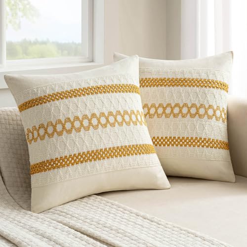 MIULEE Set of 2 Mustard Yellow Boho Decorative Pillow Covers 18x18 Inch | Fall, Boho Farmhouse Modern Couch Throw Pillows, Cotton Cushion Covers, Macrame Woven Home Decor for Bed Sofa Chair - color: Mustard Yellow, size: 18" x 18" (Pack of 2)