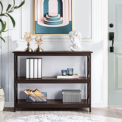 Yaheetech Espresso Console Table 3-Tier Narrow X-Frame Open Storage Shelf | Sofa Table for Entryway, Hallway and Living Room, Slim 14" Depth, Powder-Coated MDF, 88 lb Top Load, Easy Assembly - color: Espresso