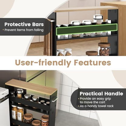 MAT EXPERT Slim Rolling Storage Cart, 4-Tier Freestanding Slim Storage Cart with Wheels 360 Degree & Metal Handle, Wooden Utility Cart for Narrow Kitchen, Laundry Room, Bathroom (Black + Natural) - color: Black + Natural