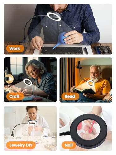 10X Magnifying Glass with Light,5 Colors+10 Brightness Magnifier with Light | 750 Lumen Magnifying Lamp, 58 LED Clip on Reading Lights for Books in Bed, Clip on Lamp for Desk/Headboard/Nail/Craft/Puzzle