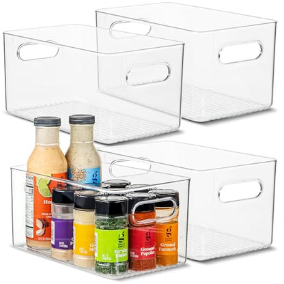 Plastic Food Storage 4 Pack Clear Container Bin with Handles for Organizing Kitchen, Pantry, Fridge, Freezer, Pantry,Bathroom. 10"x6"x5" - size: 10x6x5