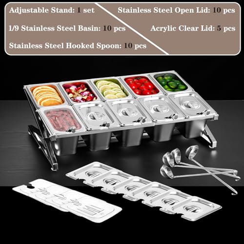 Two Tier Adjustable Stainless Steel Spice Organizer Set of 10 Pots with Spoons Commercial Kitchen Spice Rack Sauce Rack Buffet Counter Milk Tea Shop Multifunctional Shelf (Double Slant)