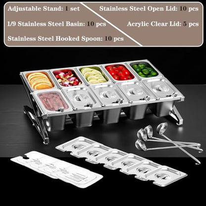 Two Tier Adjustable Stainless Steel Spice Organizer Set of 10 Pots with Spoons Commercial Kitchen Spice Rack Sauce Rack Buffet Counter Milk Tea Shop Multifunctional Shelf (Double Slant)