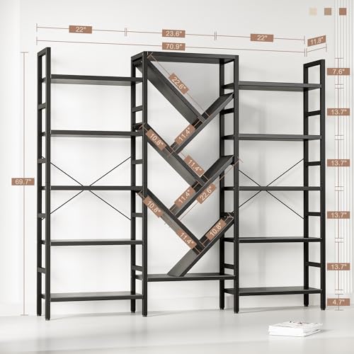 70x70” Triple 5 Tier Book Shelf, Large Wooden Bookcase with 17 Open Display Shelf, Modern Tree Bookshelf Metal Frame Tall Book Case Furniture for Living Room Bedroom Home Office Black - color: Black, size: 5 tier