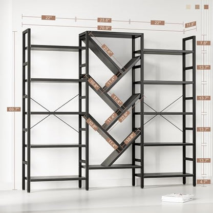 70x70” Triple 5 Tier Book Shelf, Large Wooden Bookcase with 17 Open Display Shelf, Modern Tree Bookshelf Metal Frame Tall Book Case Furniture for Living Room Bedroom Home Office Black - color: Black, size: 5 tier