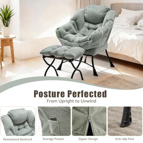 Lazy Chair with Ottoman, Modern Skinny Lounge Chair with Footrest | Foldable Footrest, Padded & Backrest with Side Pocket, Comfy Accent Reading Chair for Living Room & Small Spaces, Green - color: Light Green