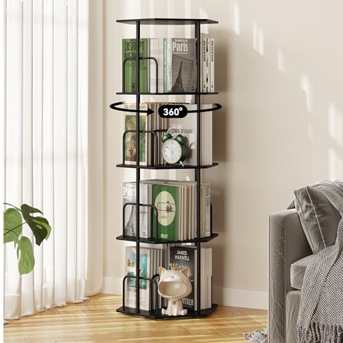 SUNMORY 4 Tier Rotating Bookshelf Tower, Revolving 360 ° Spinning Bookcase | Hexagonal Corner Book Shelf Storage Carousel, Vertical Rotate Turning Organizer Book Shelves for Living Room Office Bedroom - color: Black, size: 4 Tier