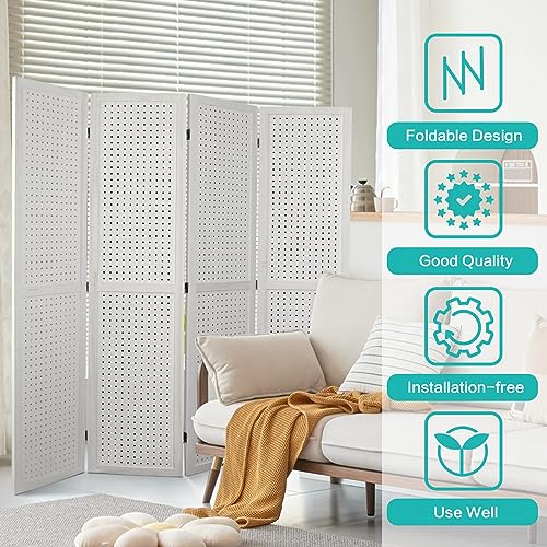 4 Panel Pegboard Room Divider | Folding Freestanding Display Screen, Privacy Partition for Retail, Craft Shows, Home Office, and Exhibition Use White - color: White-4 Panel, size: 4 Panel