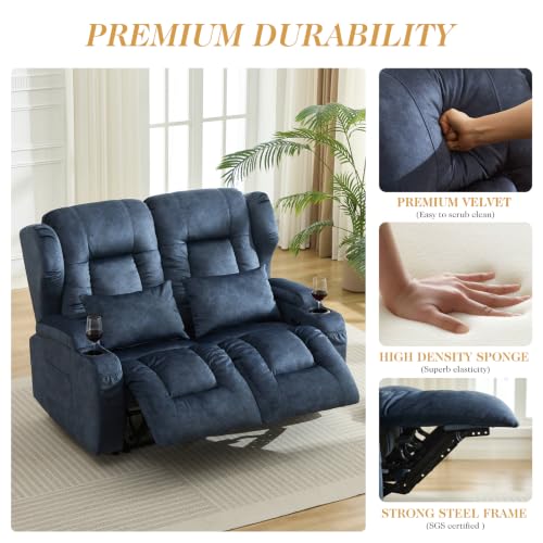 Loveseat Recliner Sofa,RV Wall Hugger Recliners for Small Spaces,Reclining Loveseat Sofa Recliner with Cup Holders/Lumbar Pillows,RV Furniture (Blue,56" 2-Seater) - color: Blue, size: 56" 2-Seater