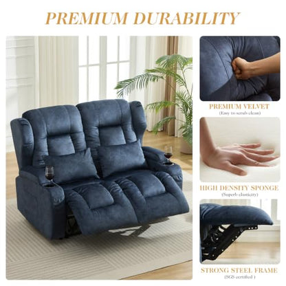Loveseat Recliner Sofa,RV Wall Hugger Recliners for Small Spaces,Reclining Loveseat Sofa Recliner with Cup Holders/Lumbar Pillows,RV Furniture (Blue,56" 2-Seater) - color: Blue, size: 56" 2-Seater