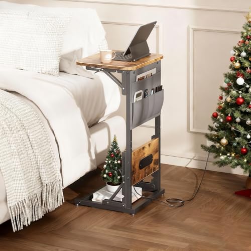 HLDIRECT C Shaped End Table with Charging Station & Storage Bag Brown | 2 USB & 2 Outlets, Storage Bag, FSC Wood, Foldable, 11.8"D x 15.7"W, for Small Spaces, Couch, Bedroom - color: Rustic Brown
