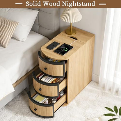 BERRYMERRY Narrow End Table with Charging Station, Modern Slim Nightstand Bedside Table with 3 Drawers for Bedroom Living Room, Natural Wood Grain, 11.81" W x 23.51" D x 23.62" H