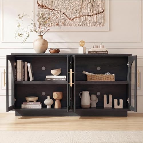 Fatmok 30.7" Tall Modern TV Stand with Arched Glass Doors,Grey Black Oak | Set of 2,Detachable Gold Handles,Adjustable Shelves,FSC Wood,Media Console Cabinet,Entertainment Center for Living Room - color: Bb-black Grey