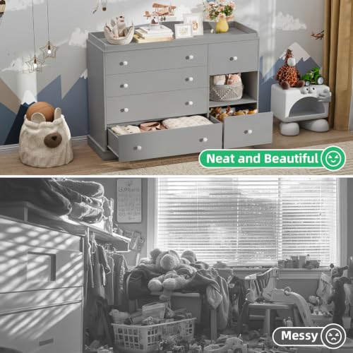 Kids Dresser Cabinet with 6 Drawers, Changing Table for Nursery with Shelf, Multi-Functional Chest of Drawers, Kids Bedroom Furniture, Nightstand for Children's Room, Grey - color: Grey