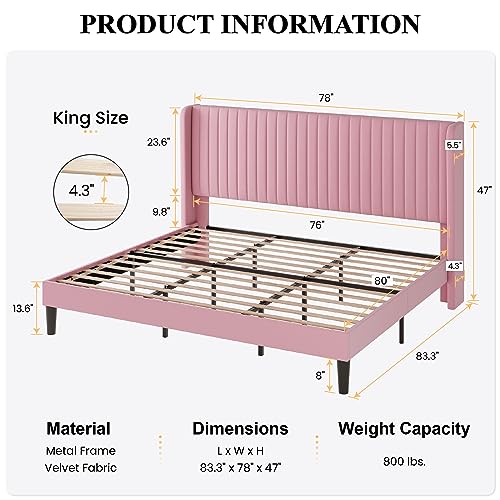 SHA CERLIN King Size Velvet Bed Frame, Tufted Wingback Headboard, Pink | 47'' Modern Vertical Channel Headboard, Upholstered Platform Bed, Wood Slats, No Box Spring Needed, Easy Assembly, Noise Free - color: Pink, size: King