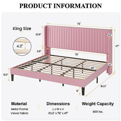 SHA CERLIN King Size Velvet Bed Frame, Tufted Wingback Headboard, Pink | 47'' Modern Vertical Channel Headboard, Upholstered Platform Bed, Wood Slats, No Box Spring Needed, Easy Assembly, Noise Free - color: Pink, size: King