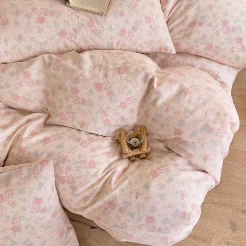 Pink Floral Full Duvet Cover Cotton Soft Full Comforter Cover Double Gauze Pattern Vintage Zipper Duvet Cover Set with Corner Ties Boho Girls Bedding Set Cute Duvet Protector - color: C Floral03, size: Full(Duvet Cover and 2 Pillows Sham)