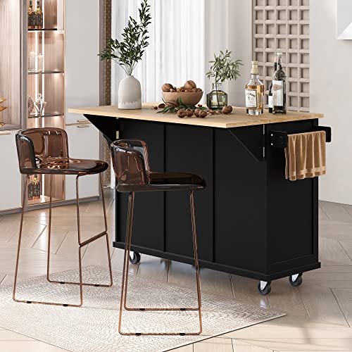 53'' Rolling Kitchen Island with Storage, Large Kitchen Cart On Wheels with Drop Leaf & Power Outlet & Drawers, Mobile Kitchen Table with 3 Drawers, for Dining Room (Black) - color: Black