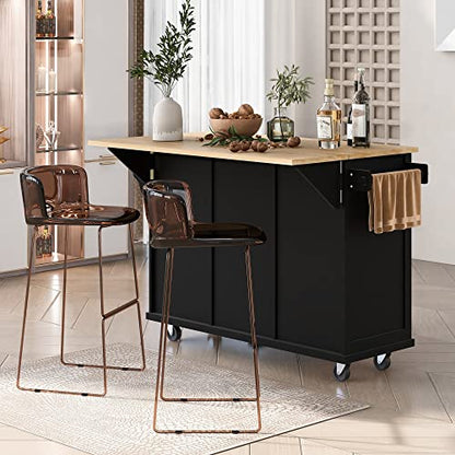 53'' Rolling Kitchen Island with Storage, Large Kitchen Cart On Wheels with Drop Leaf & Power Outlet & Drawers, Mobile Kitchen Table with 3 Drawers, for Dining Room (Black) - color: Black