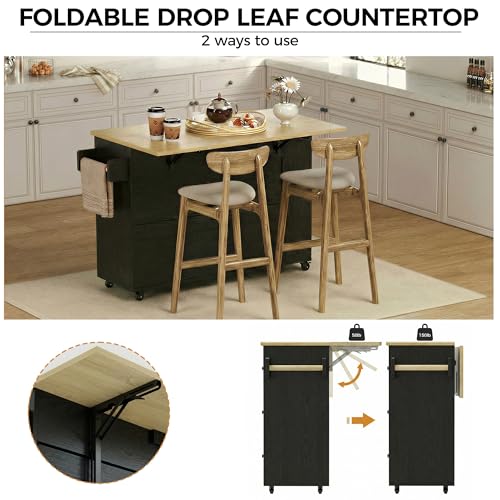 IRONCK Rolling Kitchen Island with Storage & Drop Leaf, 47.2" Kitchen Cart | with 3 Drawers, Spice Rack, Towel Rack, Storage Cabinet, Portable Mobile Island on Wheels, Black - color: Black