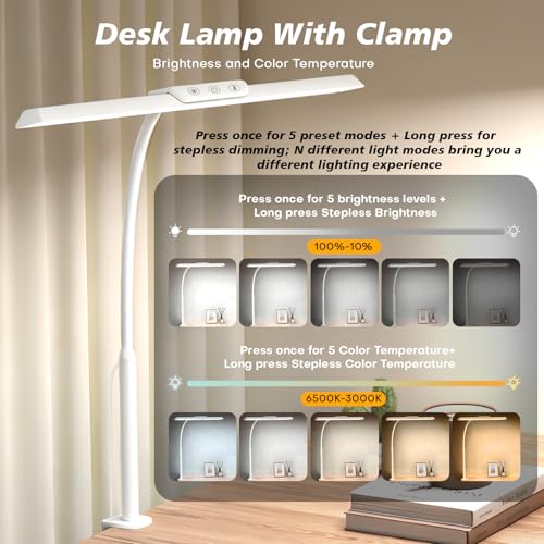 LED Desk Lamp for Office Home, Stepless Dimming Architect Desk Light with DC Adapter, Eye-Caring Desk Lamp with Clamp, 25 Lighting Modes Adjustable 12.8in Flexible Gooseneck for Workbench(White) - color: White
