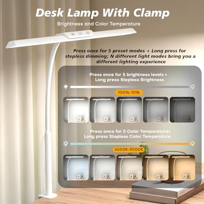 LED Desk Lamp for Office Home, Stepless Dimming Architect Desk Light with DC Adapter, Eye-Caring Desk Lamp with Clamp, 25 Lighting Modes Adjustable 12.8in Flexible Gooseneck for Workbench(White) - color: White