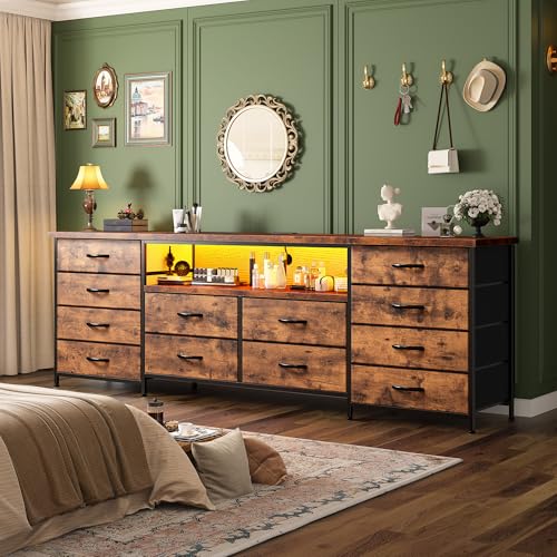 Romorgniz 63" W Dresser for Bedroom, Long Dresser with 12 Fabric Drawers | LED Dresser TV Stand with Power Outlets for 65,70 Inch TVs,Storage Entertainment Center with 2 Wood Shelve,Brown Wood Grain - color: Rustic Brown