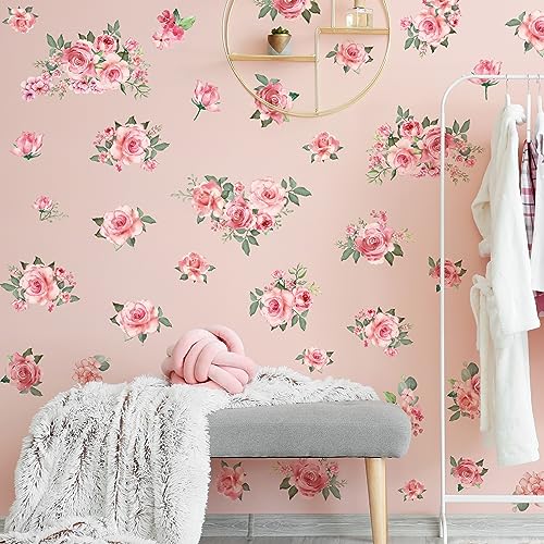 Pink Flowers & Green Leaves Wall Decals - Removable Peel & Stick Garden Floral Wall Stickers for Bedroom & Living Room - color: Pink