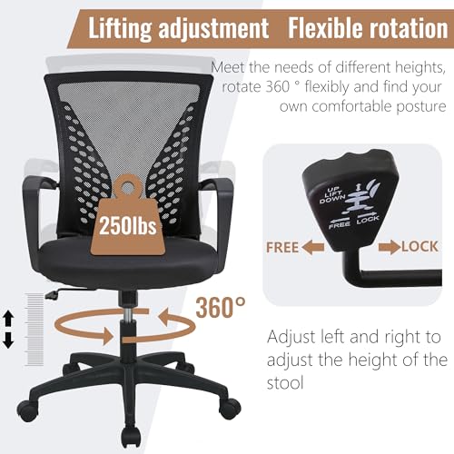 FDW | Mid Back Office Chair | Black | with Lumbar Support, 360 Swivel | Ventilated Design, Height Adjustment | 250 lbs Load Capacity, Rolling Casters | Easy Assembly | For Home, Office - color: Black