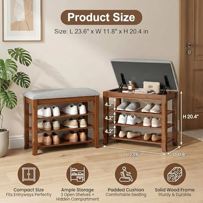 Solid Wood Shoe Rack Bench with Storage, Flip-Top Soft-Close Lid, 23.6" | 550 lbs Max Load, Flip-Top Soft-Close Lid, Adjustable Shelves, Cushioned Entryway Shoe Rack Organizer, Tool-free Assembly - size: 23.6"