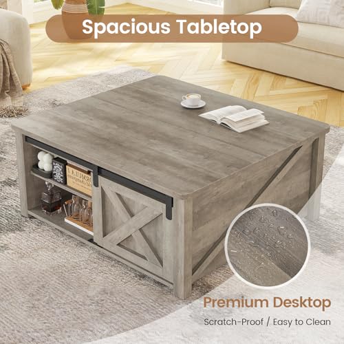 SEDETA 31.5" Lift Top Coffee Table with Storage, Square Coffee Tables for Living Room, Farmhouse Coffee Table with Large Hidden Storage Compartment and Adjustable Shelves, Grey - color: Grey