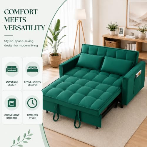 3 In 1 Velvet Convertible Sofa Bed, Pull Out Couch Bed with Reclining Backrest And 2 Pillows, 54" Full Size Loveseat Sleeper Sofa Futon Couch Bed, Couches For Small Spaces, Living Room (Green) - color: Green