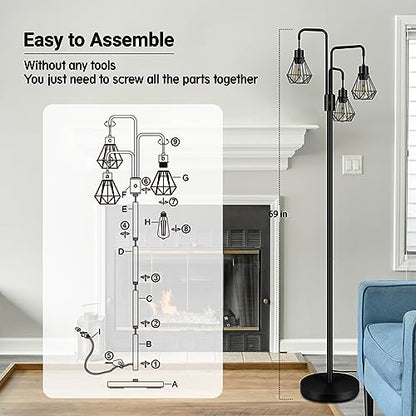 Industrial Floor Lamp,Metal Diamond Lampshade,Modern Stand Up Lamp with 3 Light, Bulbs Not Included,Simple Design Floor Lamp for Bedroom, Living Room, Office, Kids Room, Reading - color: Diamond