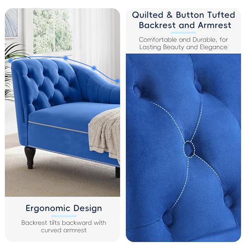 JIVOIT Velvet Upholstered Sofa Chaise Loungers, 58" Chaise Lounge with Nailhead Trim and Solid Wood Legs, Button Tufted Right Arm Facing Lounge Chair for Living Room, Sleeper Lounge Sofa - color: Blue-velvet
