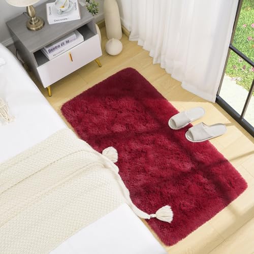 BENRON Fluffy Runner Rugs 2x4, Soft Runners for Bedroom Hallyway Wine Red | Modern Washable long Rugs for Entryway Kitchen Dorm, Throw Area Rug for Kids Girls Room Decor, Non Slip Indoor Plush rug - color: Burgundy, size: 2' x 4' (Runner)
