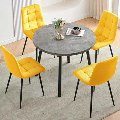Homedot Modern Kitchen Table Set with 4 Chairs, Grey Faux Wood Table with Hooks, Upholstered Velvet Yellow Dining Chairs for Restaurant, Dining Room - color: Yellow, size: 1* Grey Round Table+4*Chair