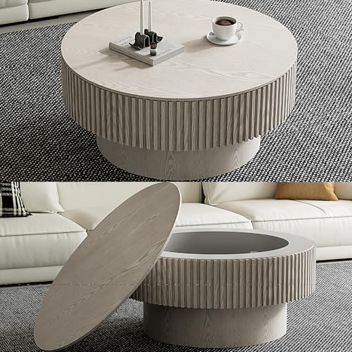 31.5'' Round Coffee Table with Storage, Modern Luxury Circle Drum Center Tables with Solid Wood Veneered, Accent Side Coffee Table for Living Room, Bedroom, Apartment-White - color: White Storage, size: 31.5''Round