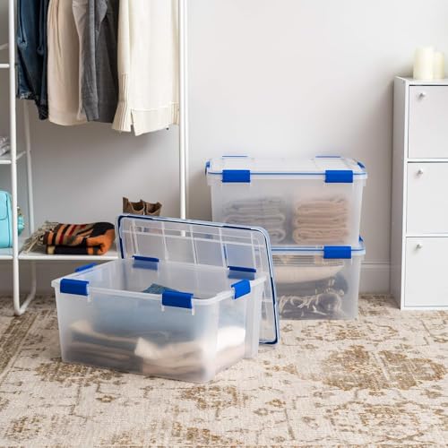 IRIS USA 3-Pack 60 Qt Storage Bins with Gasket Lids, Clear/Blue | WeatherPro seal helps protect bulky items for moving, garage, attic and basement storage - size: 60 Qt. - 3 Pack