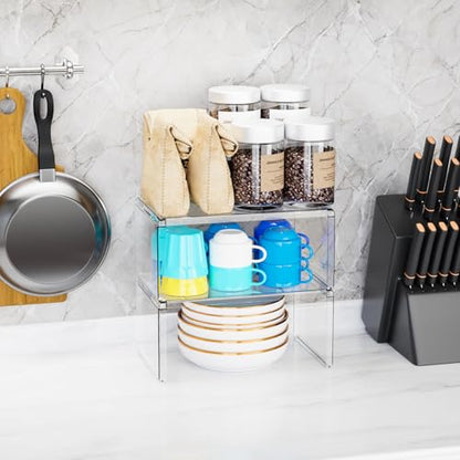 2 Pack Acrylic Cabinet Organizer,2 Tier Stackable Shelves for Cabinets,RV Pantry Organization,Counter Space Saver Desk Organizers,Cupboard Shelf and Cabinet Stand & Risers for Mug,Cup,Dish