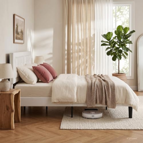 VECELO Queen Size Bed Frame, Adjustable Upholstered Button Tufted Headboard, Heavy-Duty Bedframe with Wood Slats Support, No Box Spring Needed, Linen & White - color: Linen & White, size: Queen, style: Bed Frame