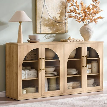 Glass Arched Door Sideboard Buffet Cabinet Set of 2, Natural Oak | Modular, Multi-Compartment Storage, Adjustable Shelf, Soft Close Hinges, Freestanding, for Dining Room, Living Room - color: Natural Oak