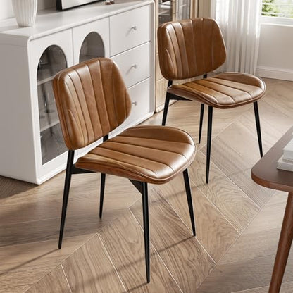 Dining Chairs Set of 4, Mid Century Modern Dining Room Chairs, Upholstered Faux Leather Kitchen Chairs with Walnut Bentwood Back and Metal Legs, Brown - color: Brown, size: Set of 4