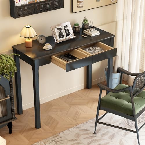 Solid Wood Desk with Drawers - 39 x 16 Inch Simple Narrow Desks, Rubber Wood Study Table, Small Writing Desk for Small Spaces|Bedroom - Modern Black Desks - color: Black, size: 39.4 in W x 15.7 in D
