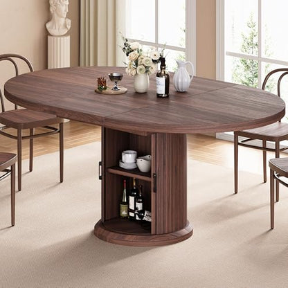 Jocoevol 47″–63″ Extendable Round Dining Table for 4–8 with Dust-Proof 2-Tier Storage Shelf Space Saving Expandable Wood Oval Circle Dinner Furniture with Pedestal Base (Brown) - color: Brown
