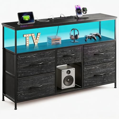 Romorgniz TV Stand for 45/50" TVs, 5 Drawers & LED Lights & Power Outlets | Strong Metal Frame for Stability, Spacious Shelves Display Collections & Keep Organized, Dresser for Bedroom & Studio, Black - color: Black