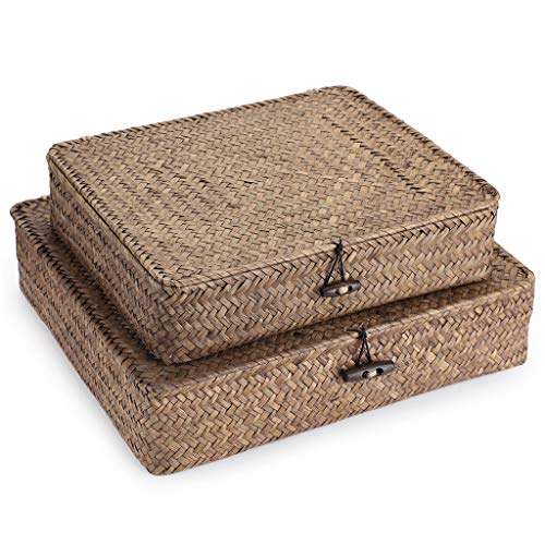 Hipiwe Set of 2 Flat Woven Wicker Storage Bins with Lid Seagrass Basket | Natural Decorative Baskets Multipurpose Home Boxes for Shelf Organizer Home Decor (Coffee) - color: Coffee