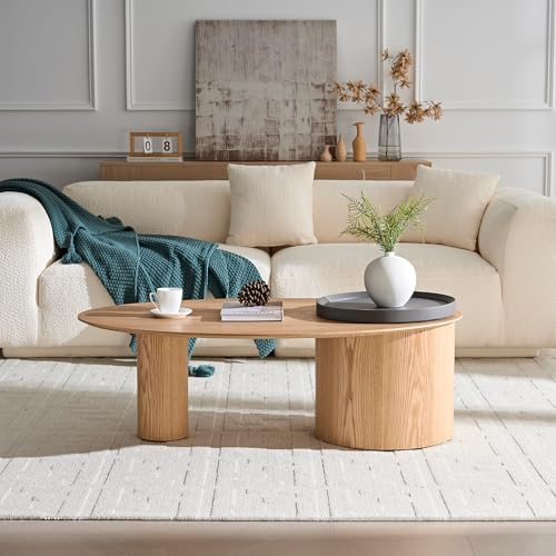 47.24" Modern Coffee Table with Storage Space, Round Low End Table, Rustic Style Bedside Table for Bedroom Living Room - color: Oval+tray-natural