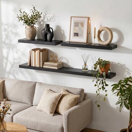 fuqing 20 Inch Floating Shelves, 6.7 Inch Deep Black Wall Shelves Set of 2 | 20'' x 6.7'' x 1.4'' Black Wood Shelves for Bathroom, Living Room, 35LBS, Lightweight, Hardware Included, Waterproof Finish - color: Black, size: 20 Inch